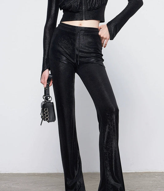 ANNAKIKI Glossy Black Hot Diamond Horseshoe Pants Women's Bootcut Pants-FUMI