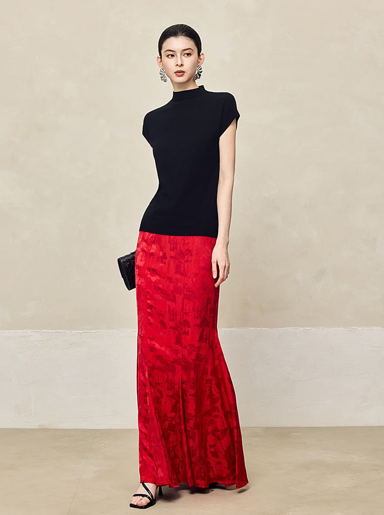 HECO Sleeveless Slim Mock Collar Red Black Gray Knit Top  - THRONE.