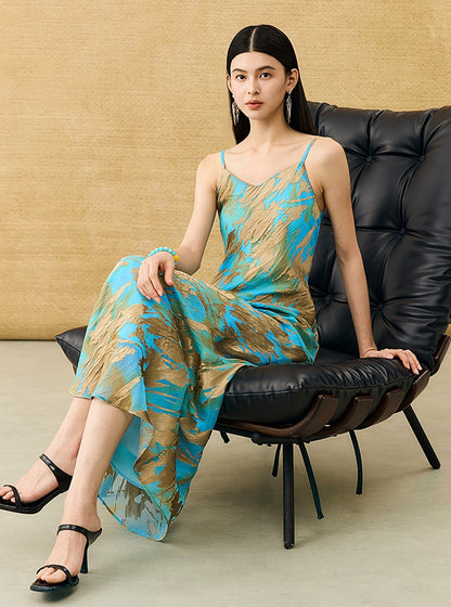 HECO Chinese style devored flower suspender dress - SKY.