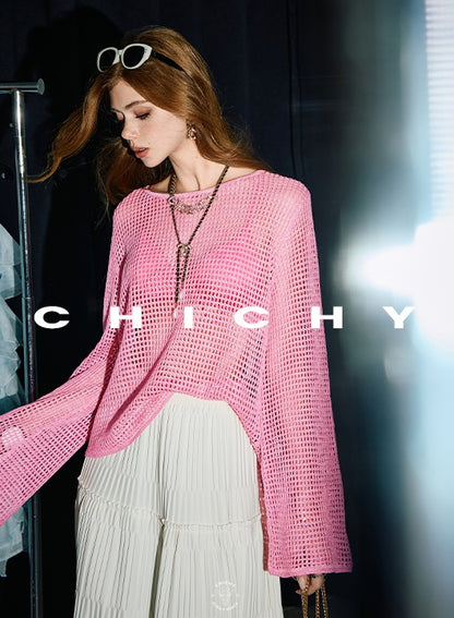 CHICHY long-sleeved cut-out gradient blended pink wool knit chic top-JARVIS