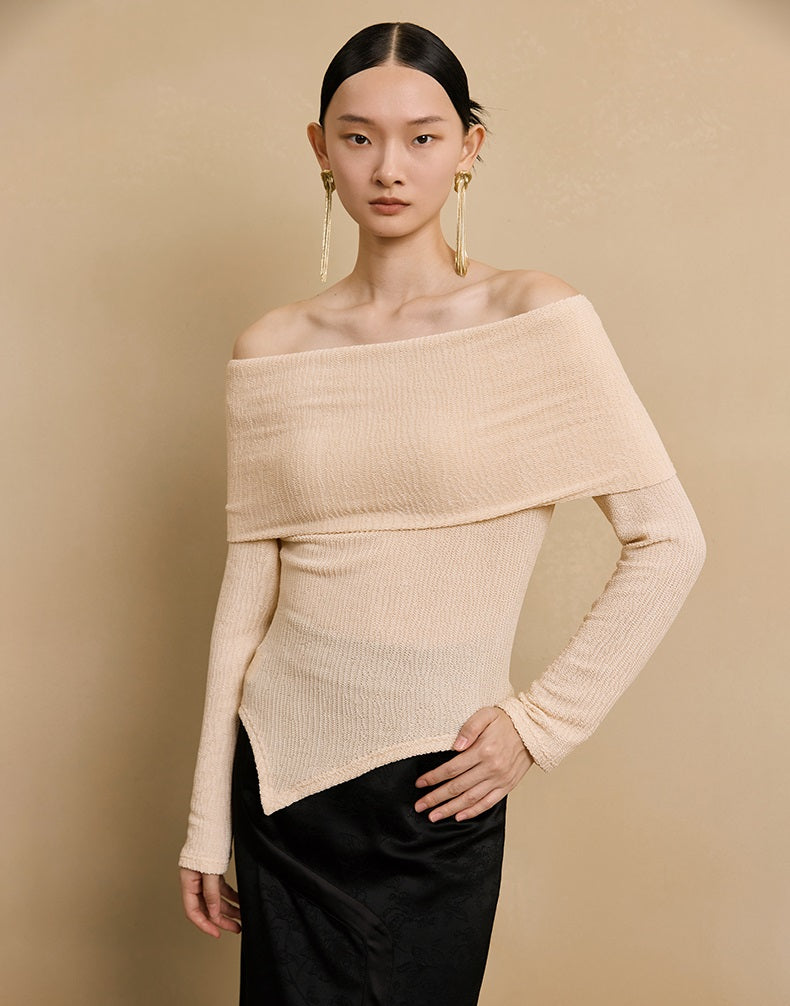 HECO stretch pleated off-the-shoulder long sleeve T-shirt - GRAD.