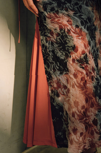WANGXO | Artistic Ink Smudge Flora Knit Patchwork Contrast Tulle One-Shoulder Fishtail Dress with Flowing Gradient Drama -XINA