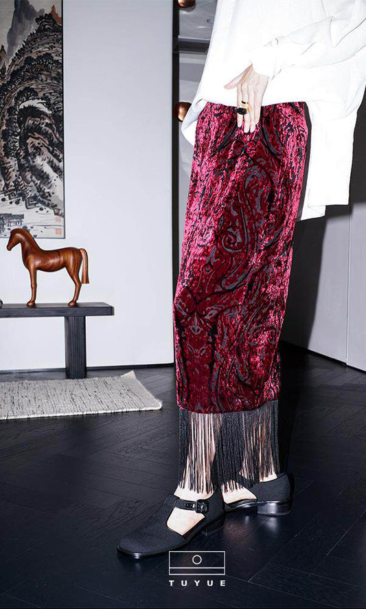 TUYUE silk burnt flower tassels midi skirt - MIN.