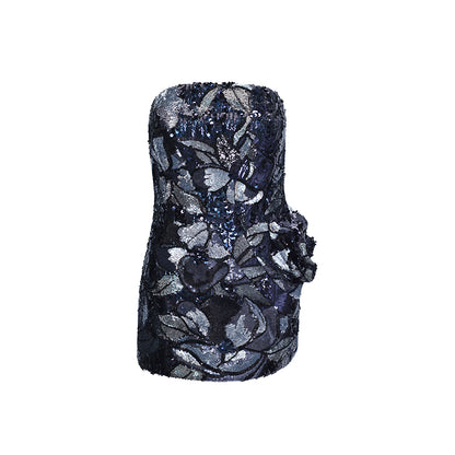 M essential Mackay Magnolia embroidered sequins padded shoulder crop coat dress pants suit - Ilie.