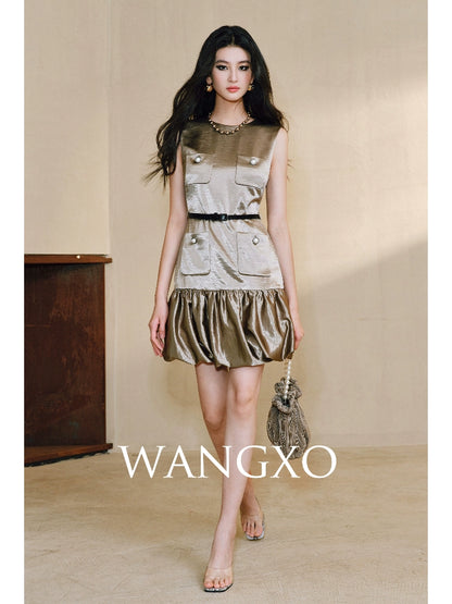 WANGXO Satin Gilt Pleated Flower Bud Hem Round Neck Sleeveless Waist Dress - CERYS