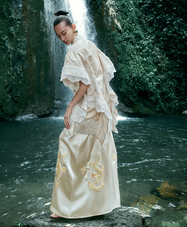 HECO Chinese Embroidery Golden Dragon Acetate Skirt - ALPHA.