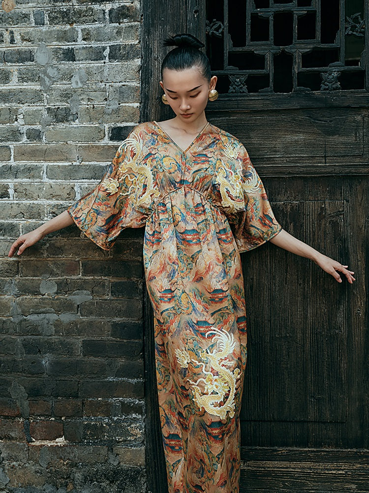 HECO Chinese Waist Cinched V-Neck Dress - QIN