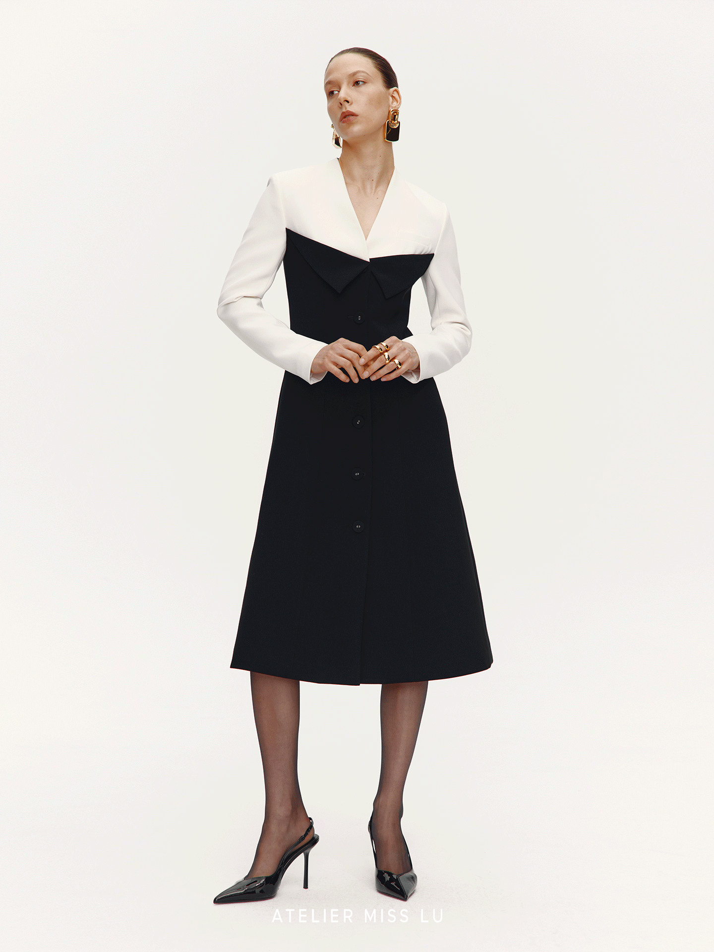 ATELIER MISS LU Contrast Color Patchwork Waist Dress Jacket - SHARP.
