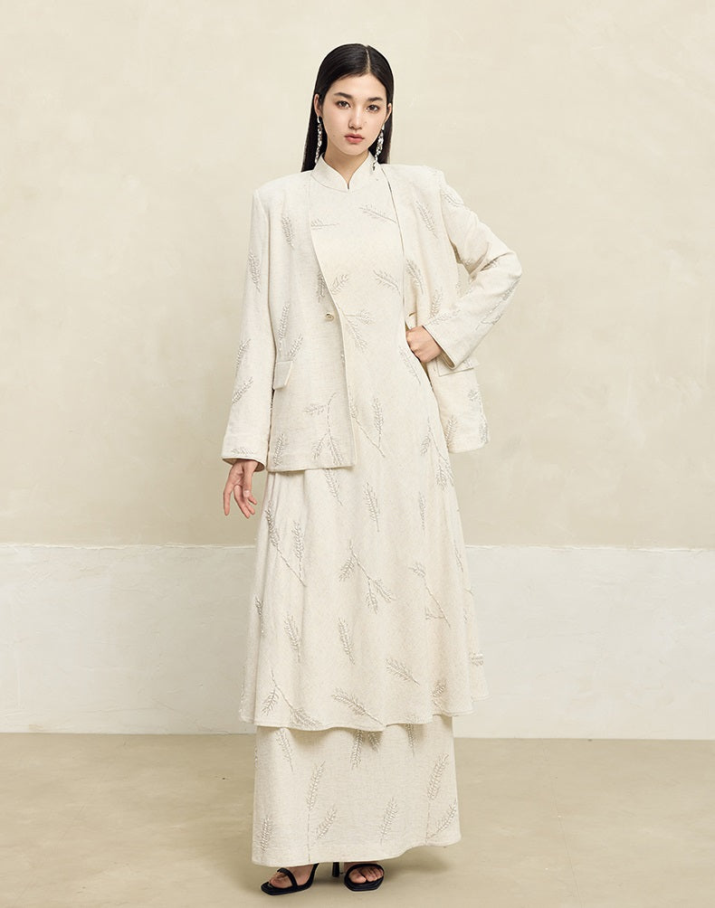 HECO Linen Pearl Leaf Bead Embroidery High Waist Long Skirt Women - JUDAH.