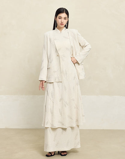 HECO Linen Pearl Leaf Bead Embroidery High Waist Long Skirt Women - JUDAH.