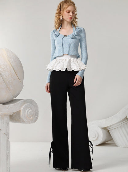 CHECOCRE Chic Three-dimensional Blue Flowers Wool Cardigan Two-piece  - CARE