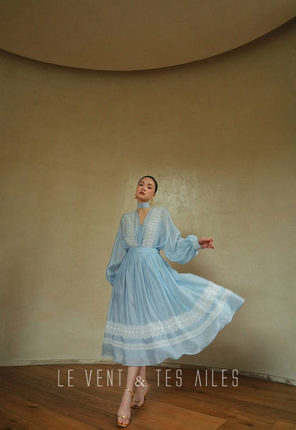 LE VENT&TES AILES pastel blue elegant summer vacation  V-neck shirt skirt set -GWEN