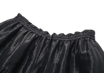 ZHUCHONGYUN black glossy tiered drawstring-cinched loose pants-KURISE.