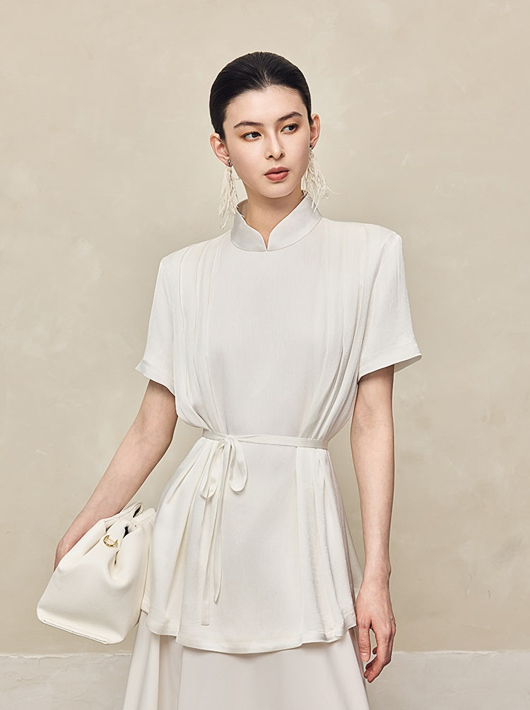 HECO acetate press-pleated cinched waist black white texture t-Shirt - NONE.