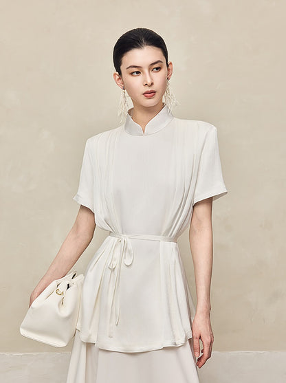 HECO acetate press-pleated cinched waist black white texture t-Shirt - NONE.