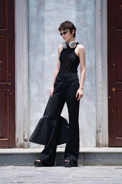 ANNAKIKI Triacetate Hollow Four-pointed Star Full Diamond Bootcut Pants-SATO