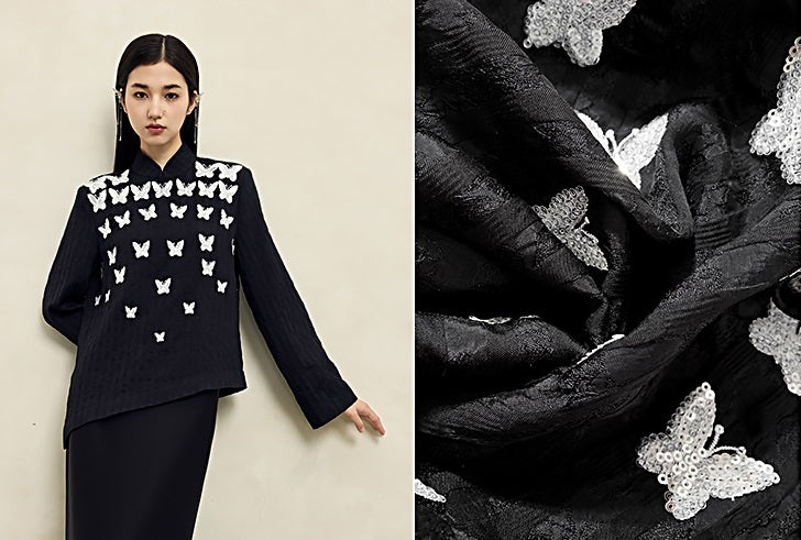 HECO butterfly beads embroidered round neck long sleeve top Women - CROWN.