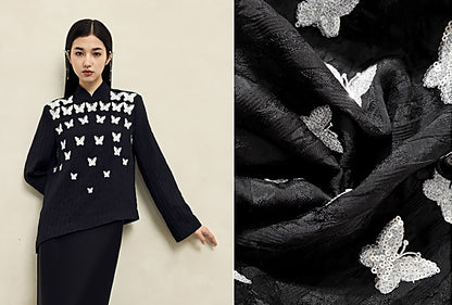 HECO butterfly beads embroidered round neck long sleeve top Women - CROWN.