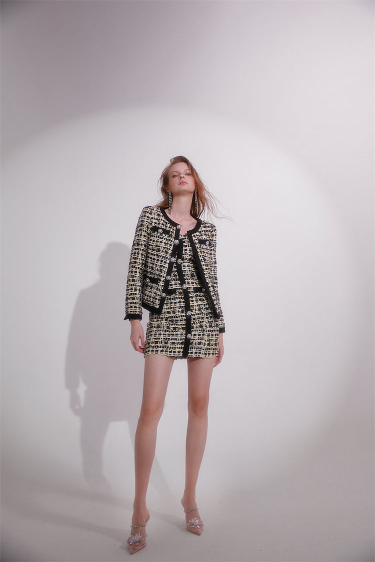 Wardrobes by Chen High End plaid twee Diamond Button Jacket mini dress- Kaya