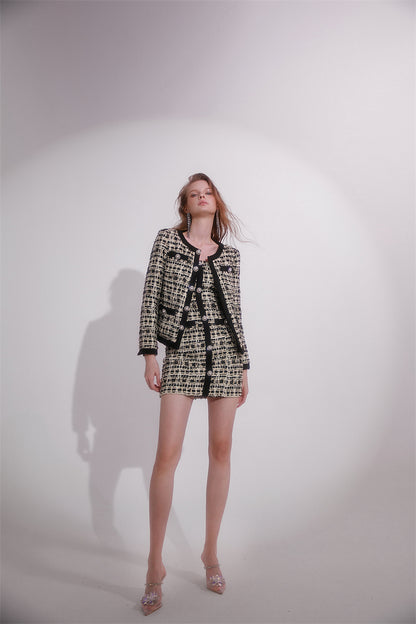 Wardrobes by Chen High End plaid twee Diamond Button Jacket mini dress- Kaya