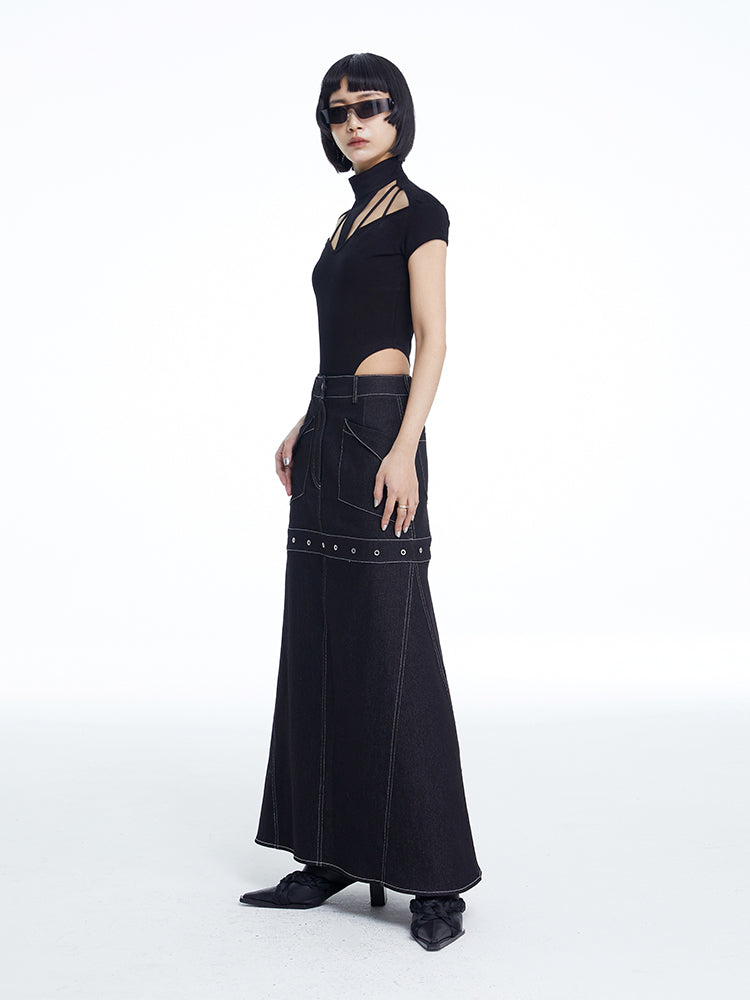 TINY IN black denim women's long a-line skirt -SALEM