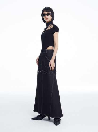 TINY IN black denim women's long a-line skirt -SALEM