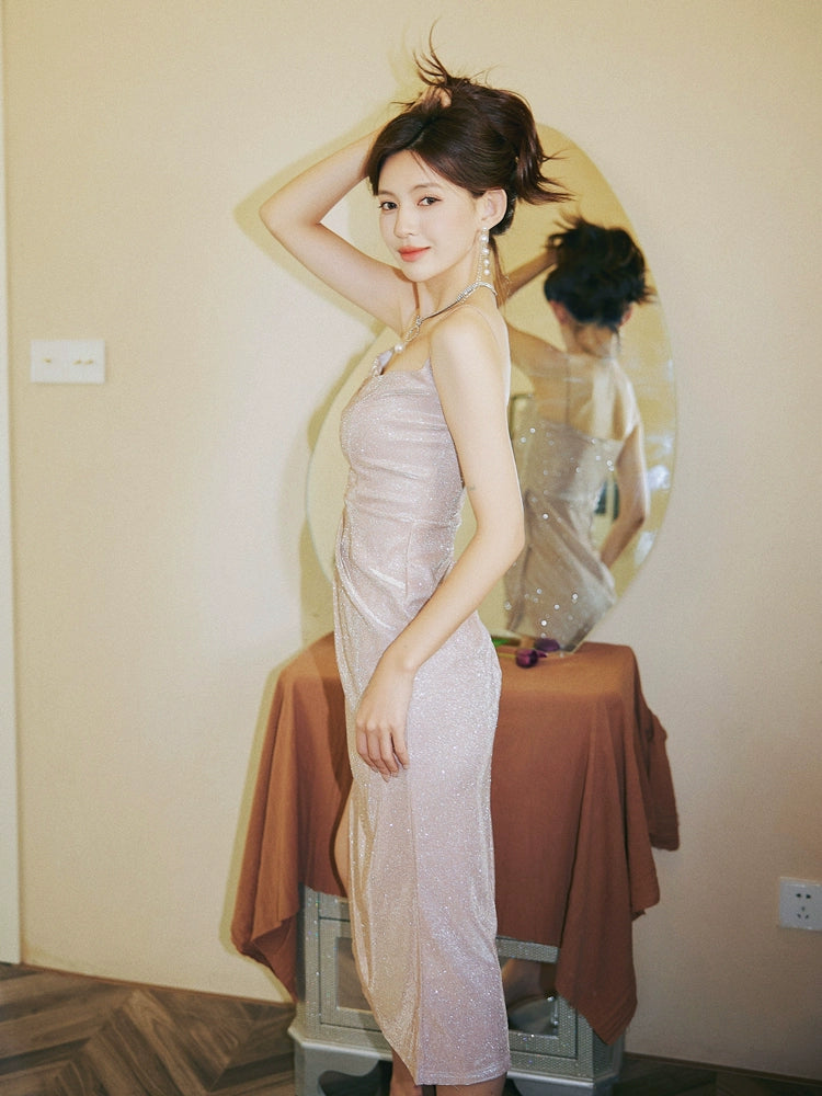 DOLLY Elegant Sleeveless Purple Thin Strap Suspender Sequin Dinner Dress-YESENIA