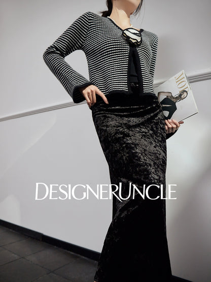 DGU "Lanxi" black knitted sweater striped French retro slimming top - IMOGEN.