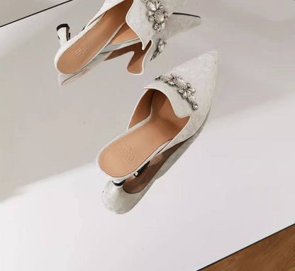 B-FEI Feather Rhinestone White small heels Mule Shoes - POLZ.