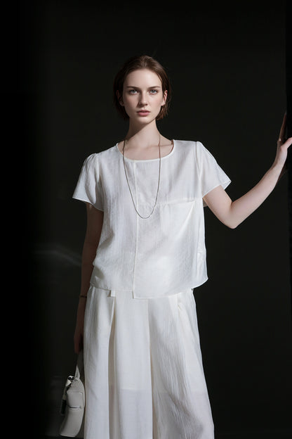 PIAOIN textured linen silk loose wide-leg cropped pants set summer-GISELLE.