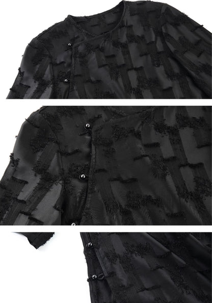 HECO Round Neck Square Tassel Design Texture Shirt Top Women - reign.