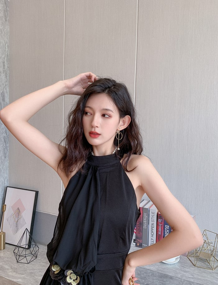 DOLLY Elegant Retro Style Black Sleeveless Halter Neck Long Chiffon Banquet Dress-