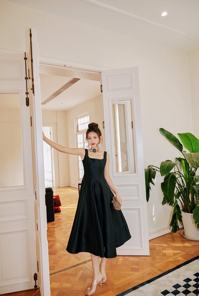 Dolly Elegant Retro Style Square Collar Sleeveless High Waist Formal Dinner Dress- DARANA