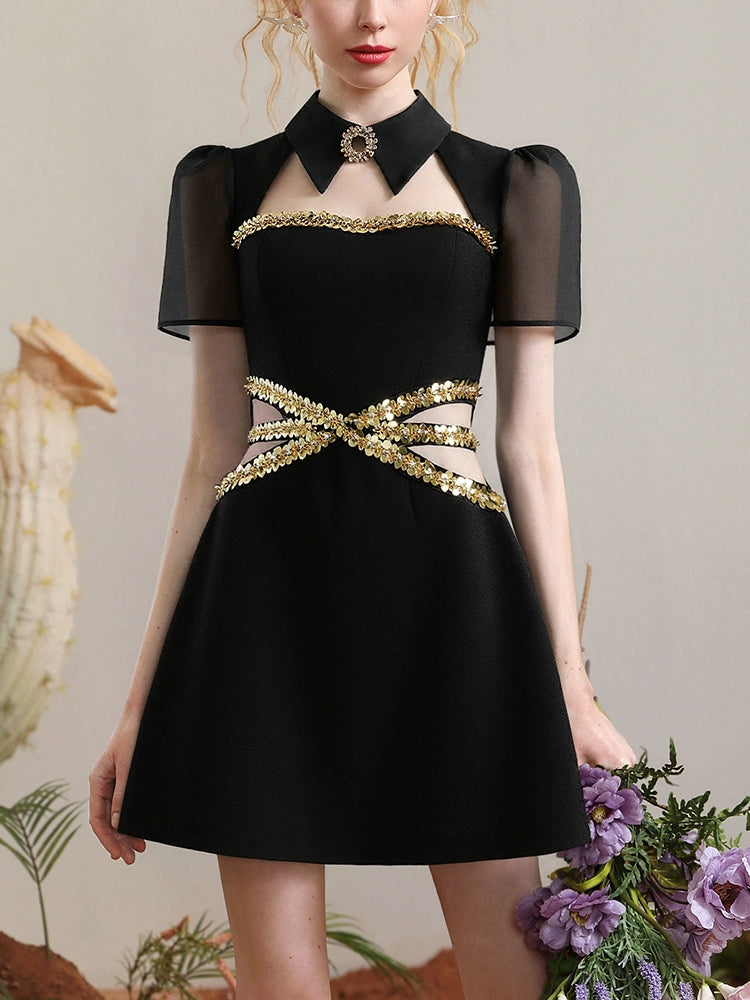 CHECOCRE summer new gold sequencil hollow design thin little black dress - NIDE.