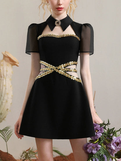 CHECOCRE summer new gold sequencil hollow design thin little black dress - NIDE.