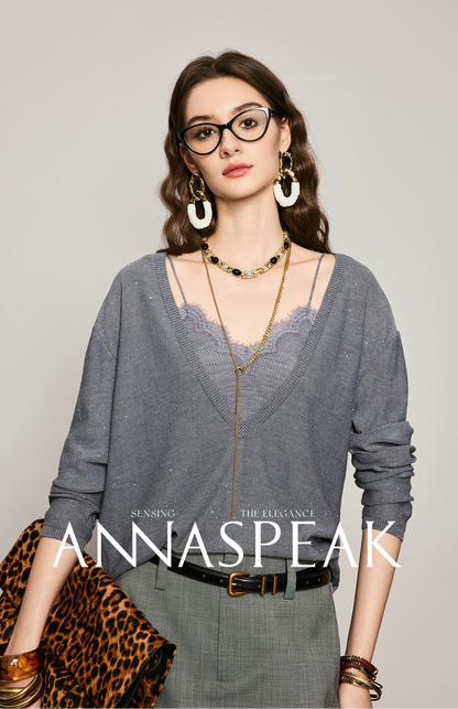 ANNASPEAK wool bead piece V-neck knit-SACE.