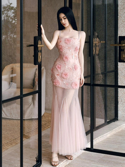 Wardrobes by Chen High End Pink Sleeveless Flower applique Sequin Dress-Bena