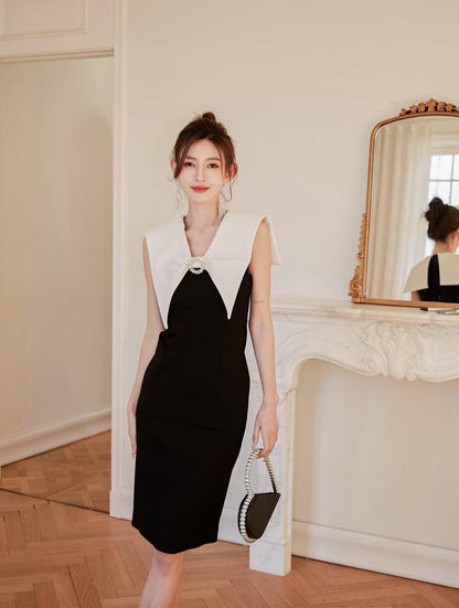 DOLLY Luxury Black Retro French Style Color Contrast Sleeveless Slim Fit Short Dress-ORLA