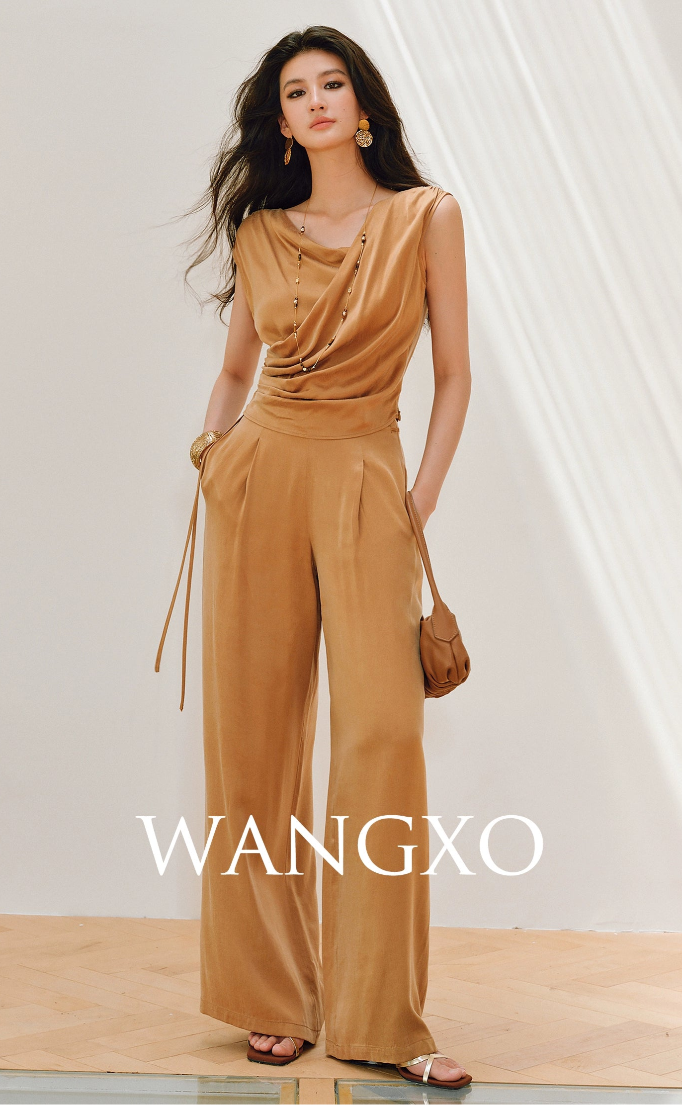 WANGXO | Sleek Cupro Asymmetrical Top and Highwaisted Pants Set -ELENORA.