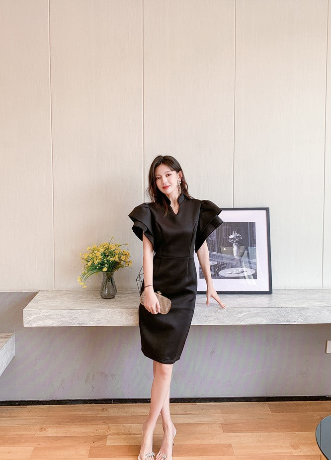 DOLLY Elegant French Style Black Stand Collar Short Sleeve Office Dress-MAMA