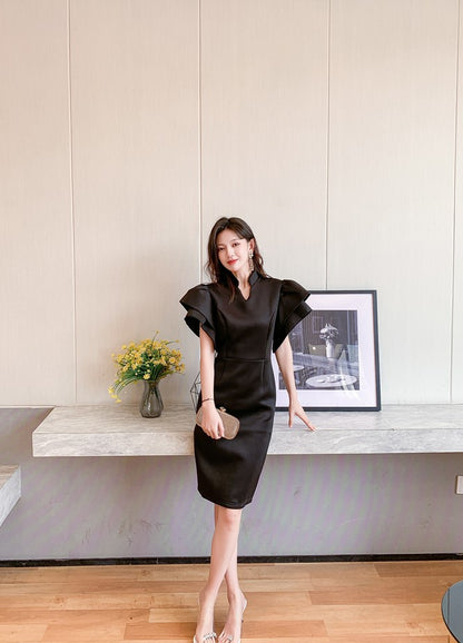 DOLLY Elegant French Style Black Stand Collar Short Sleeve Office Dress-MAMA