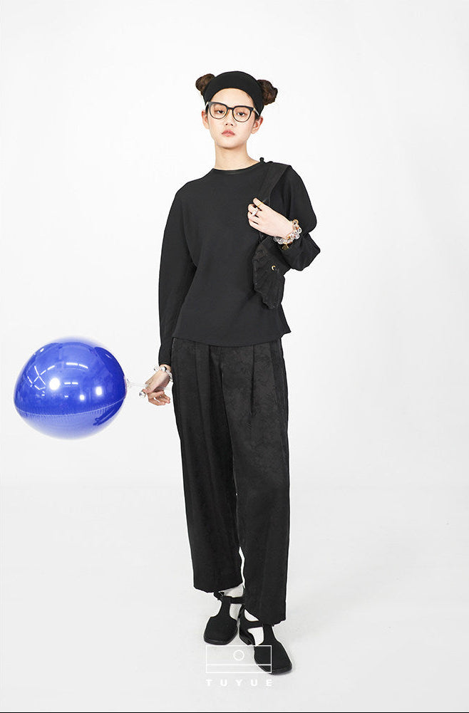 TUYUE Black Slanted Shoulder Side Open Buckle Long-Sleeved Top - HARRISON.