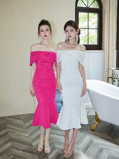 DOLLY High End Off Shoulder Tube Bow Top Body Hug Fish Tail Dinner Dress-IMELDA