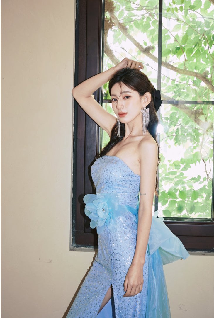 DOLLY Elegant Blue Flower Ribbon Tube Sequin Fish Tail Dinner Dress-LONE