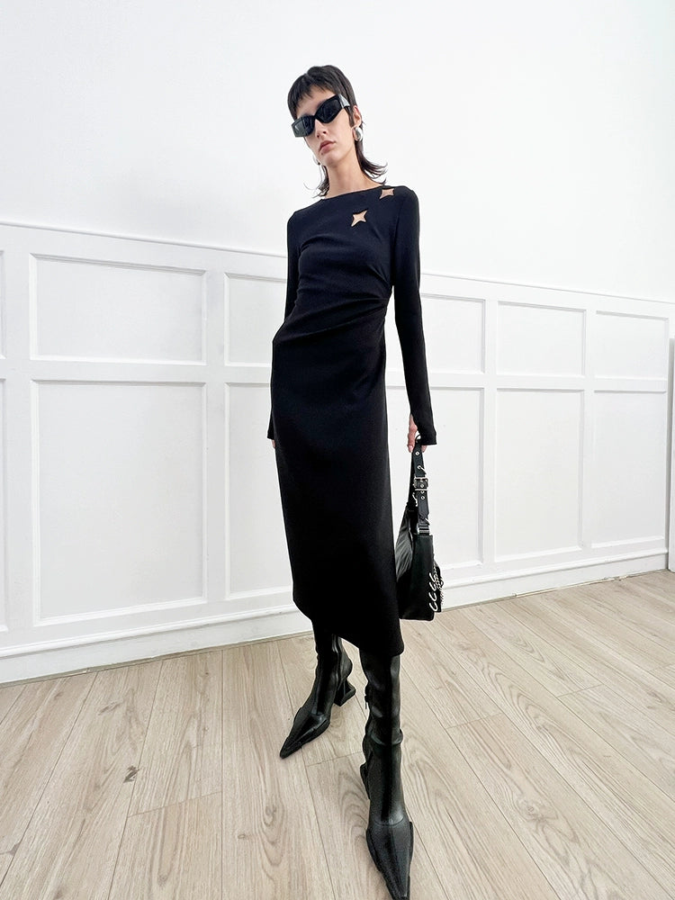 ANNAKIKI Black Cutout Four-Pointed Star Long Sleeve Dress Women-MARTIN