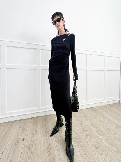 ANNAKIKI Black Cutout Four-Pointed Star Long Sleeve Dress Women-MARTIN