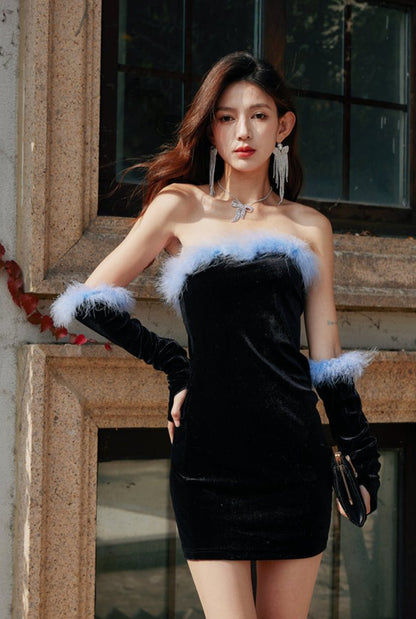 DOLLY Elegant Black Off Shoulder Blue Furry Tube Top Short Velvet Party Dress-URIEL