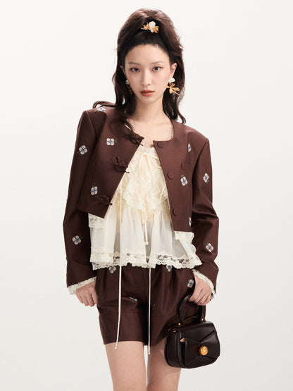 FAME Pastoral Flower Embroidered Short Blazer Top