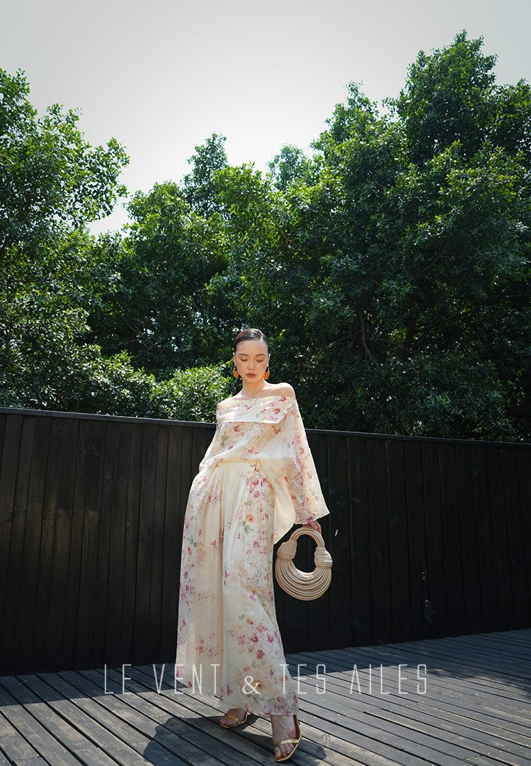 LE VENT&TES AILES Floral-print off shoulder top Skirt trousers set-RINA.