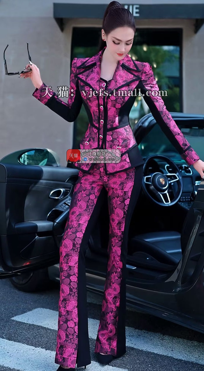 VJE Jacquard Suit Micro Flared Pants Two-Piece Set Slim OL Suit-NAMS.
